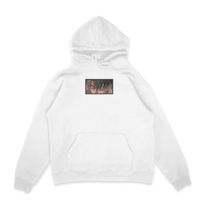 Sweat capuche blanc brode Portrait Livai L'attaque des Titans