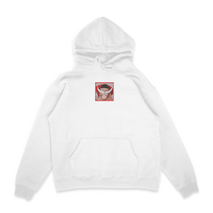 Sweat capuche blanc unisexe brodé avec un design inspiré de barbe blanche (One Piece), style anime japonais tendance