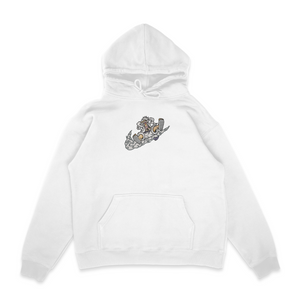 Sweat capuche blanc unisexe brodé avec un design inspiré de luffy gear 5 swoosh (One Piece), style anime japonais tendance