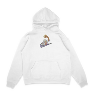 Sweat capuche blanc unisexe brodé avec un design inspiré de luffy gear 5 swoosh (One Piece), style anime japonais tendance