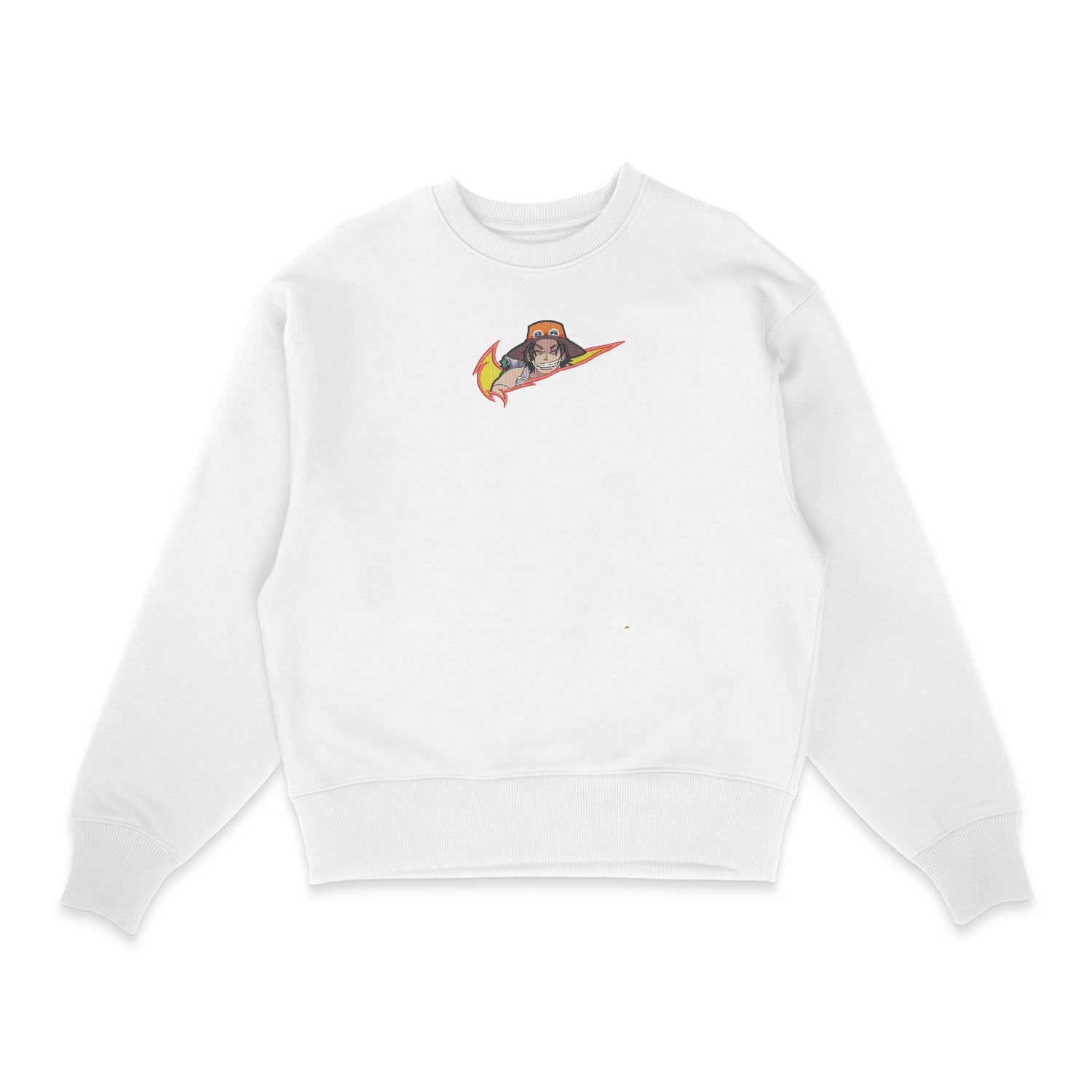 Sweat col rond blanc unisexe brodé avec un design inspiré de Ace swoosh (One Piece), style anime japonais tendance
