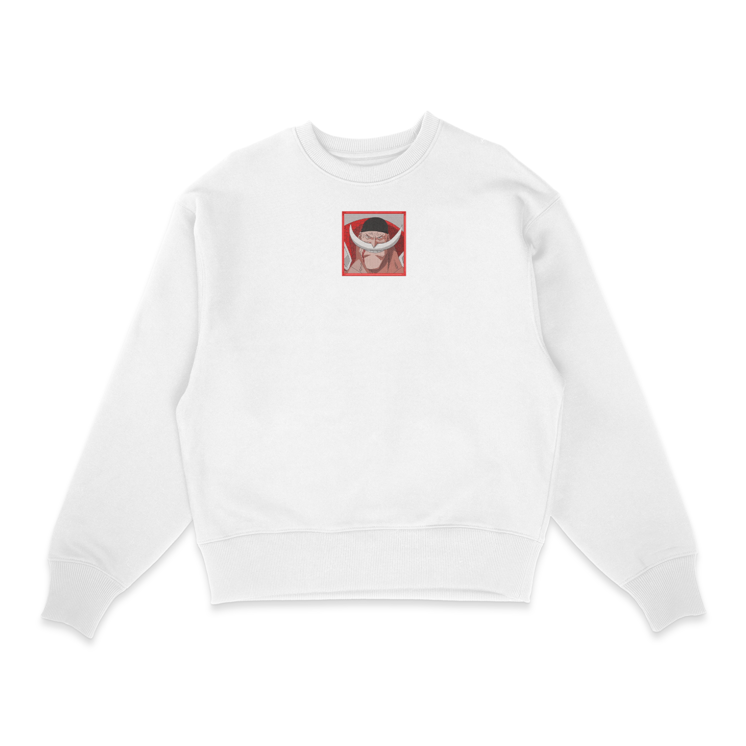 Sweat col rond blanc unisexe brodé avec un design inspiré de barbe blanche (One Piece), style anime japonais tendance
