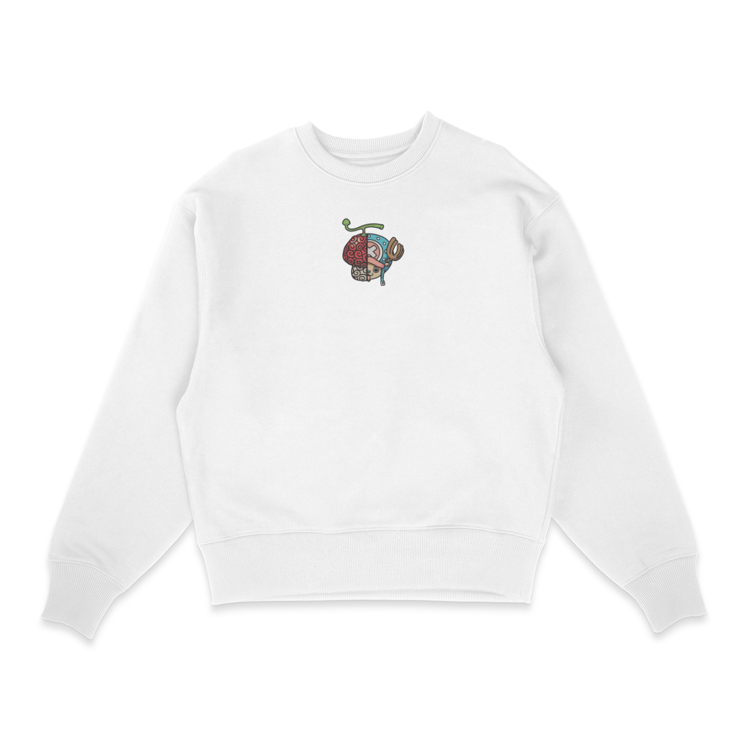 Sweat col rond blanc unisexe brodé avec un design inspiré de chopper (One Piece), style anime japonais tendance