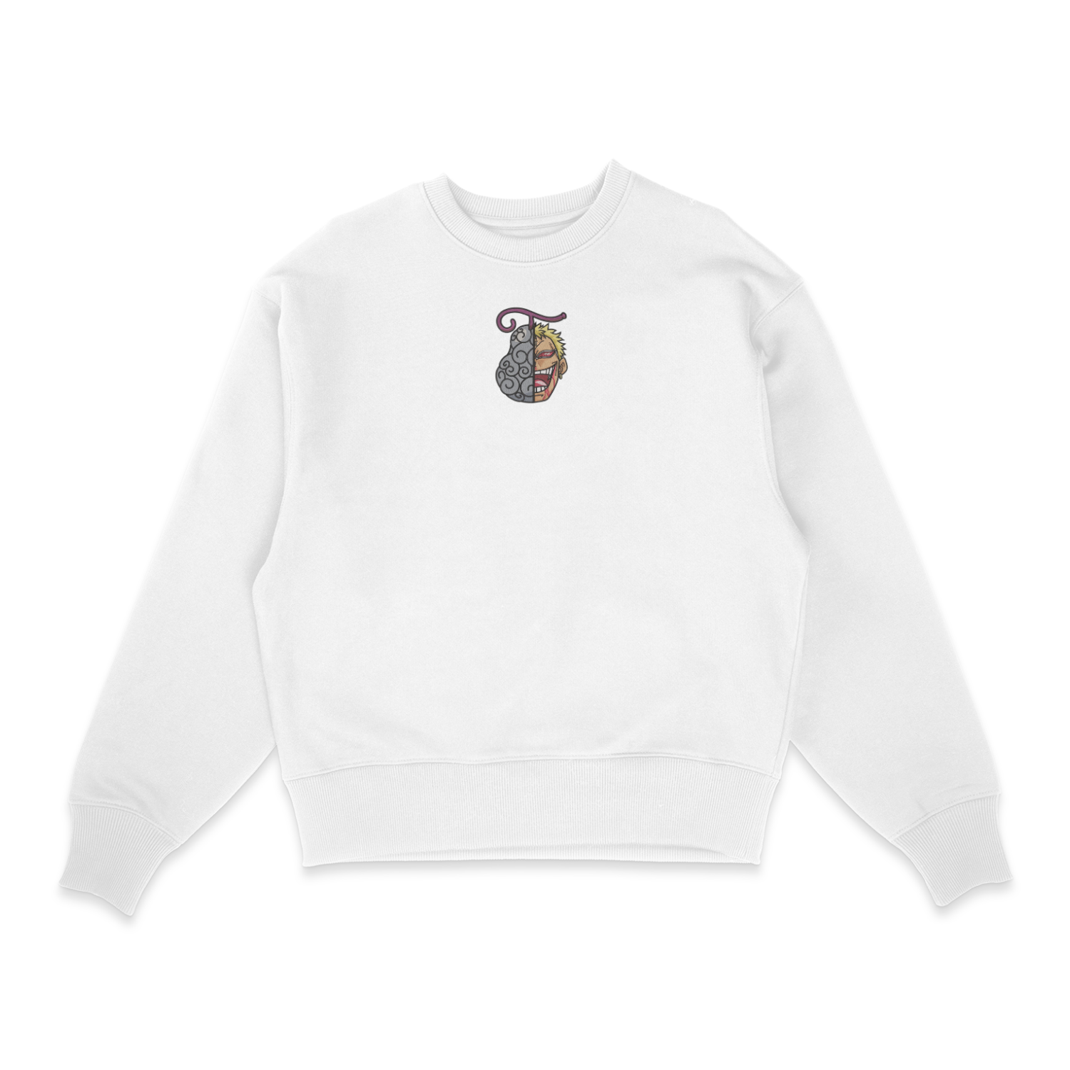 Sweat sweat col rond blanc unisexe brodé avec un design inspiré de Don Quijote doflamingo. (One Piece), style anime japonais tendance