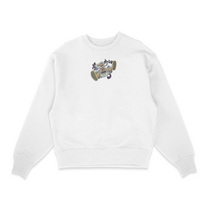 Sweat col rond blanc unisexe brodé avec un design inspiré de Luffy Gear 5 (One Piece), style anime japonais tendance