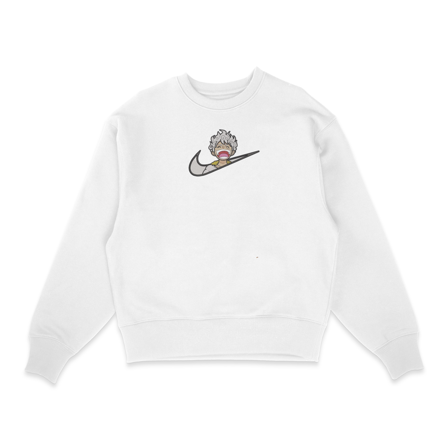 Sweat col rond blanc unisexe brodé avec un design inspiré de luffy gear 5 swoosh (One Piece), style anime japonais tendance