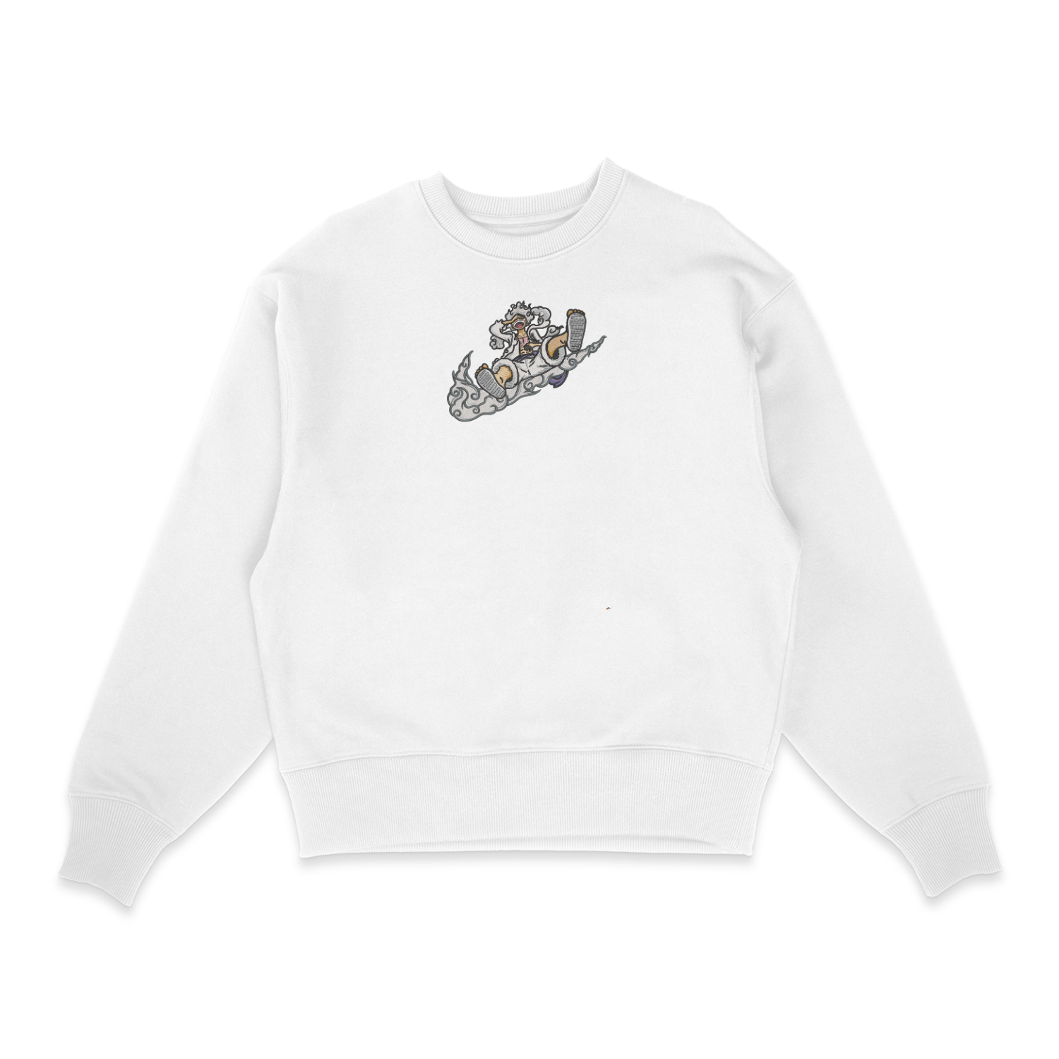 Sweat col rond blanc unisexe brodé avec un design inspiré de luffy gear 5 swoosh (One Piece), style anime japonais tendance