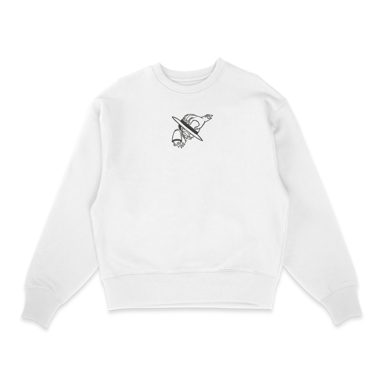 Sweat col rond blanc unisexe brodé avec un design inspiré de Luffy Monkey D. Luffy (One Piece), style anime japonais tendance