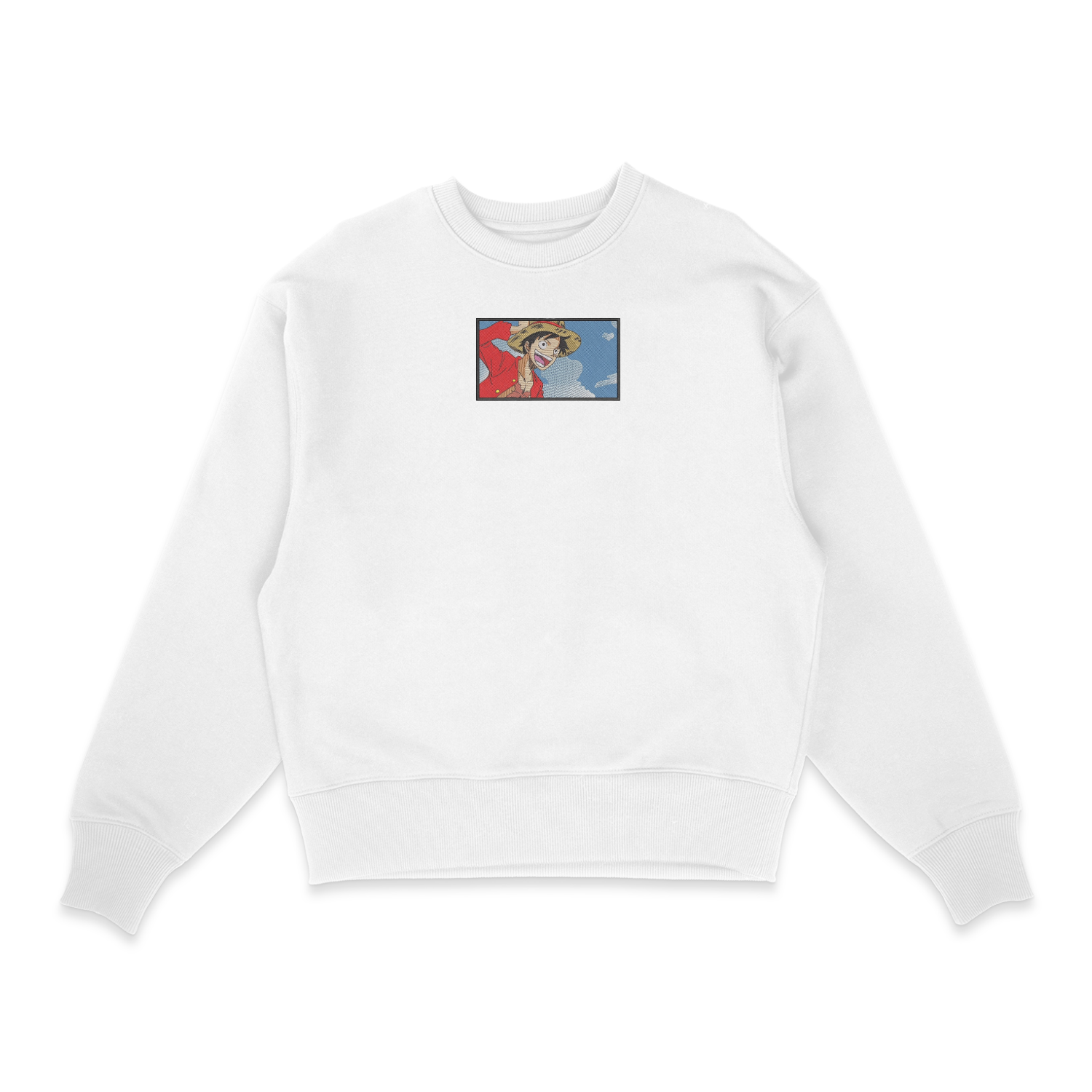 Sweat sweat col rond blanc unisexe brodé avec un design inspiré de Luffy (One Piece), style anime japonais tendance