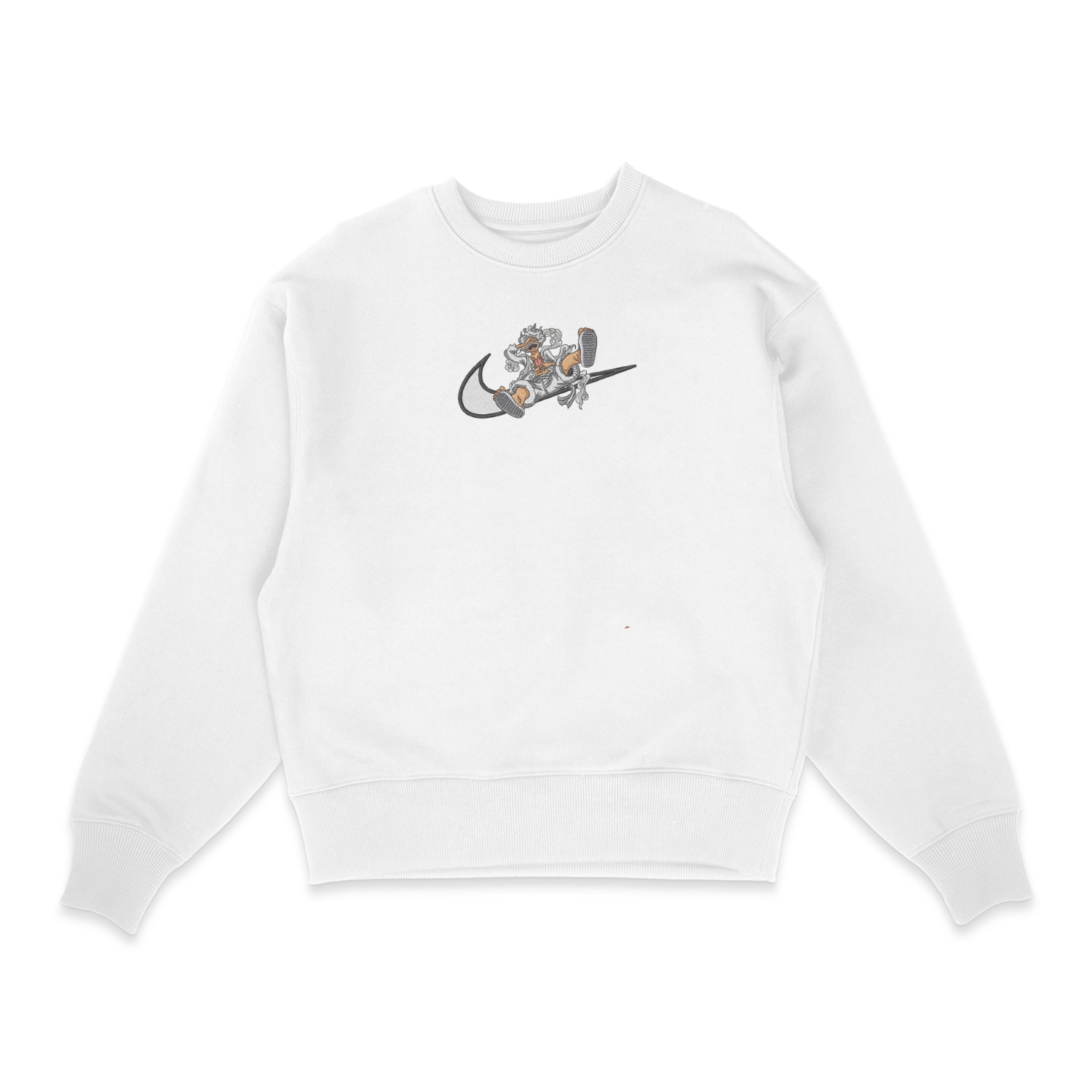 Sweat col rond blanc unisexe brodé avec un design inspiré de luffy gear 5 swoosh (One Piece), style anime japonais tendance