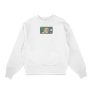 Sweat col rond blanc unisexe brodé avec un design inspiré de zoro roronoa (One Piece), style anime japonais tendance