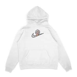 Sweat capuche blanc unisexe brodé avec un design inspiré de luffy gear 5 swoosh (One Piece), style anime japonais tendance