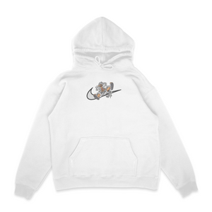 Sweat capuche blanc unisexe brodé avec un design inspiré de luffy gear 5 swoosh (One Piece), style anime japonais tendance