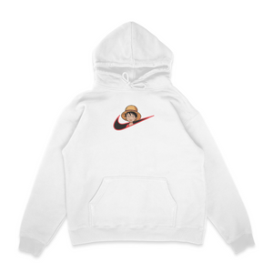 Sweat capuche blanc unisexe brodé avec un design inspiré de luffy swoosh (One Piece), style anime japonais tendance