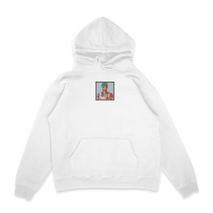 Sweat capuche blanc unisexe brodé avec un design inspiré de zoro roronoa (One Piece), style anime japonais tendance