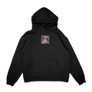 Sweat capuche noir unisexe brodé avec un design inspiré de Gold Roger (One Piece), style anime japonais tendance