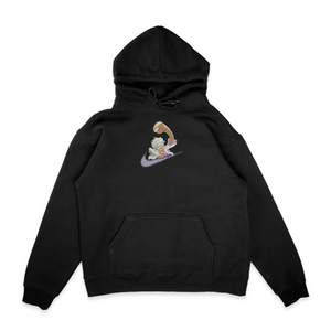 Sweat capuche noir unisexe brodé avec un design inspiré de luffy gear 5 swoosh (One Piece), style anime japonais tendance