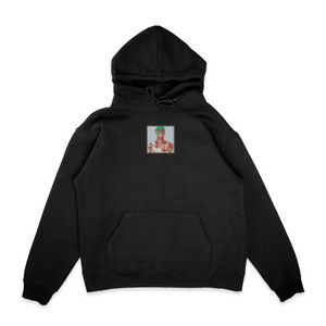 Sweat capuche noir unisexe brodé avec un design inspiré de zoro roronoa (One Piece), style anime japonais tendance