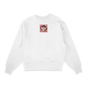 Sweat col rond blanc unisexe brodé avec un design inspiré de barbe blanche (One Piece), style anime japonais tendance
