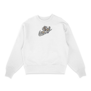 Sweat col rond blanc unisexe brodé avec un design inspiré de luffy gear 5 swoosh (One Piece), style anime japonais tendance