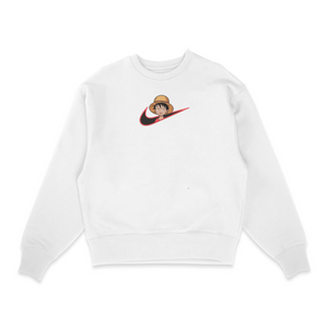 Sweat col rond blanc unisexe brodé avec un design inspiré de luffy swoosh (One Piece), style anime japonais tendance