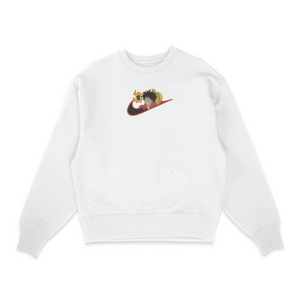 Sweat col rond blanc unisexe brodé avec un design inspiré de luffy swoosh (One Piece), style anime japonais tendance